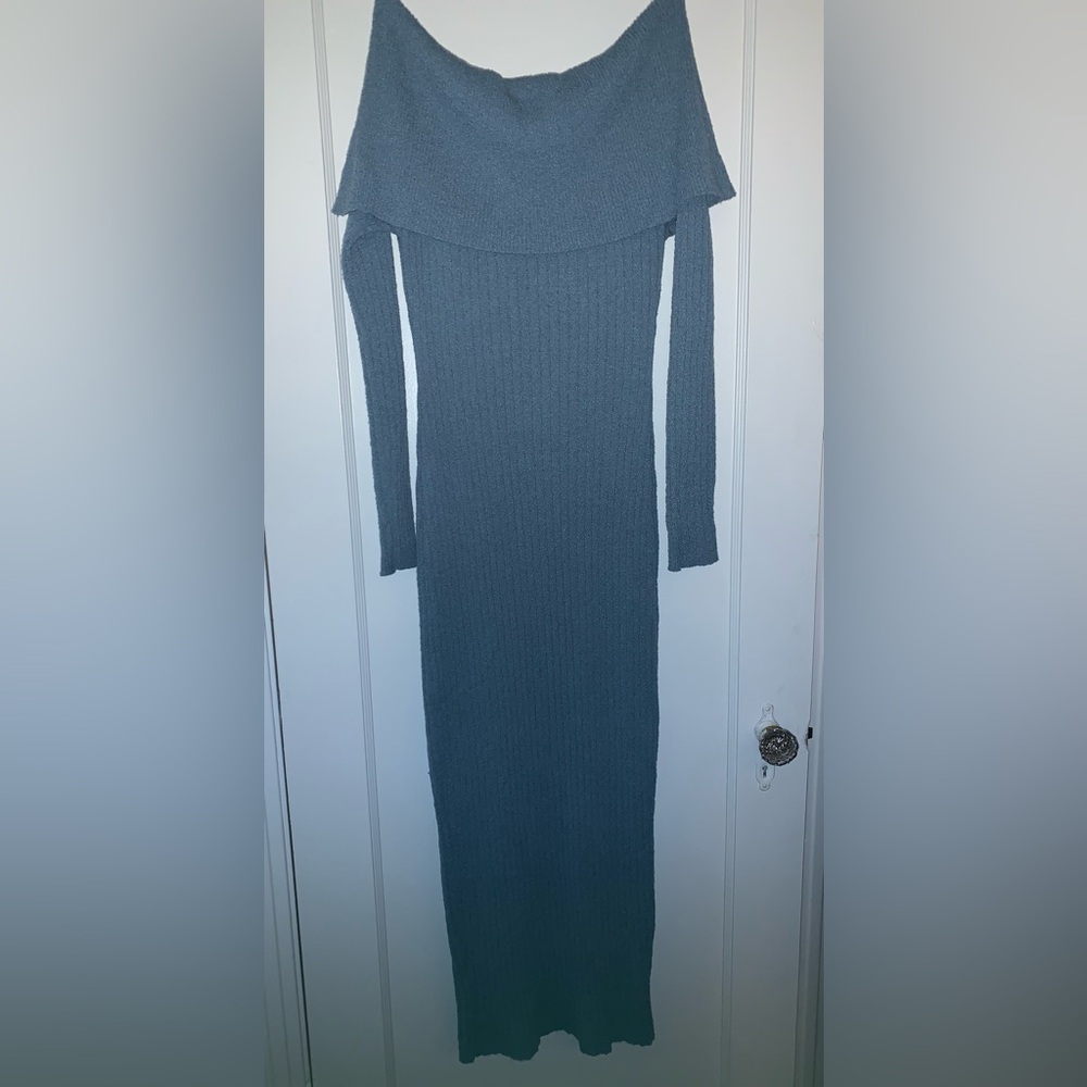 Off-Shoulder Blue Sweater Dress